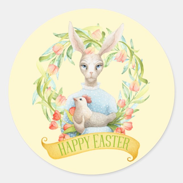 Tulip Wreath und Rabbit Happy Oaster Runder Aufkleber (Vorderseite)