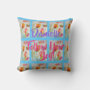 Tulipe rose Tulipes Floral Aquarelle Coussin Bleu