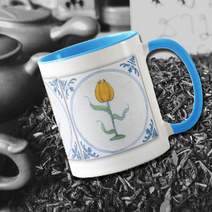 Tulipe vintage Carreaux Art Bleu Blanc Café Mug