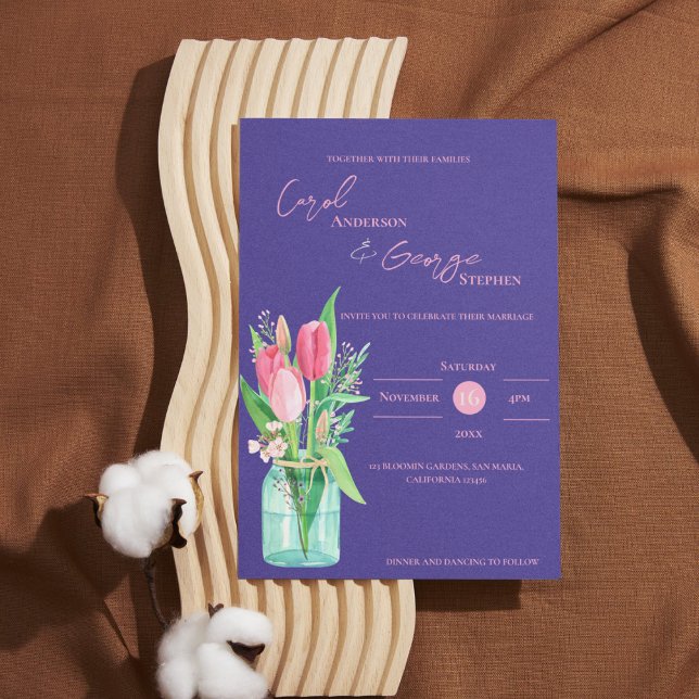 Tulipe violette et blanche Faire-part de mariage M (Purple & Blush Tulip Mason Jar Wedding Invitation)