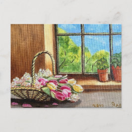 Tulipes dans la carte postale fenêtre