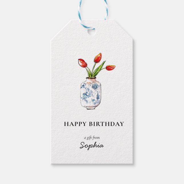 Tulipes dans un vase Étiquettes de cadeau Joyeux A (Devant)