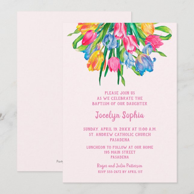 Tulipes Fille Baptême Christening Invitations (Devant / Derrière)