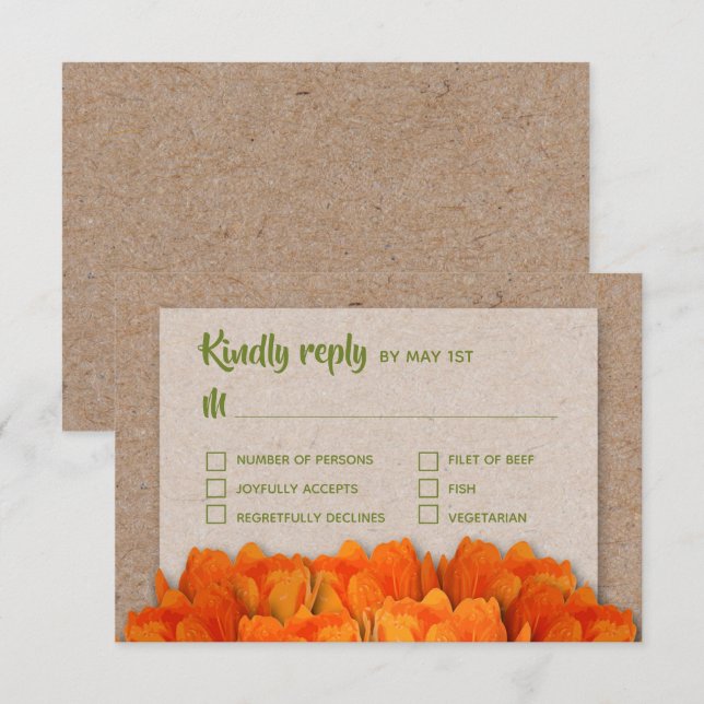 Tulipes orange sur cartes RSVP de mariage Kraft (Devant / Derrière)