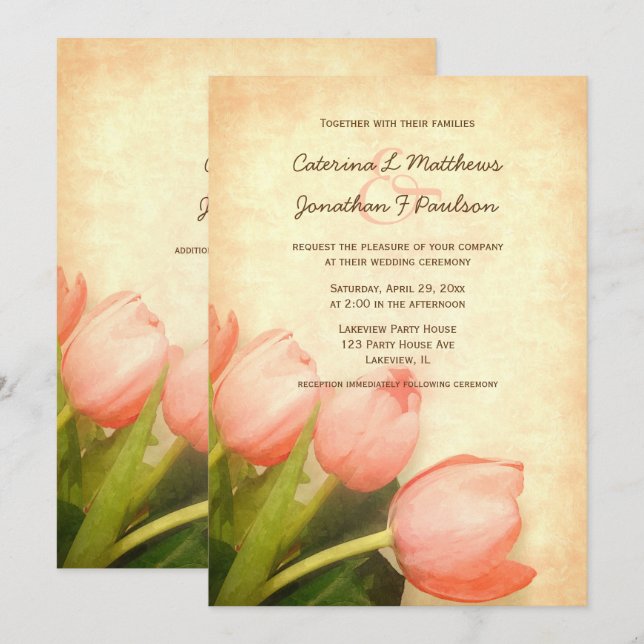 Tulipes roses invitation de mariage printemps (Devant / Derrière)
