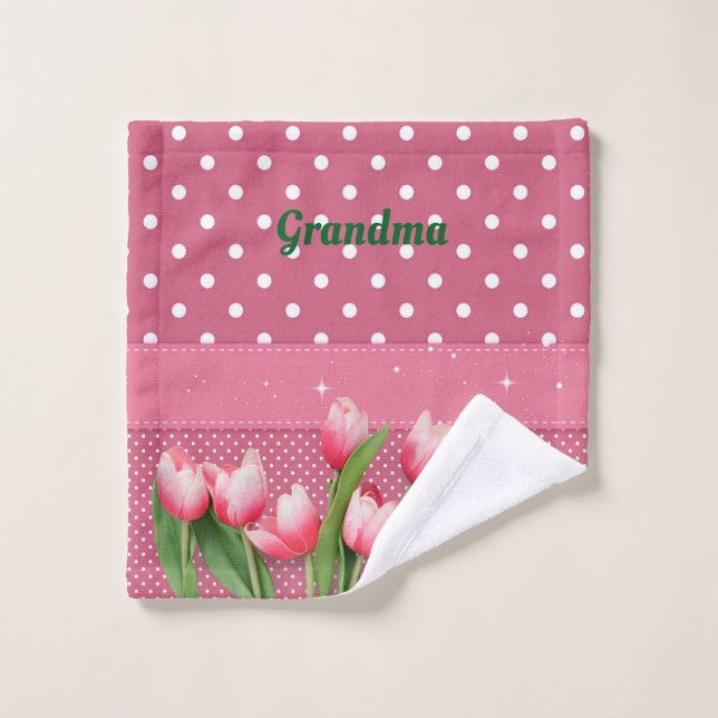 Tulipes roses modèles sur Pois roses et blancs (Gant de toilette)