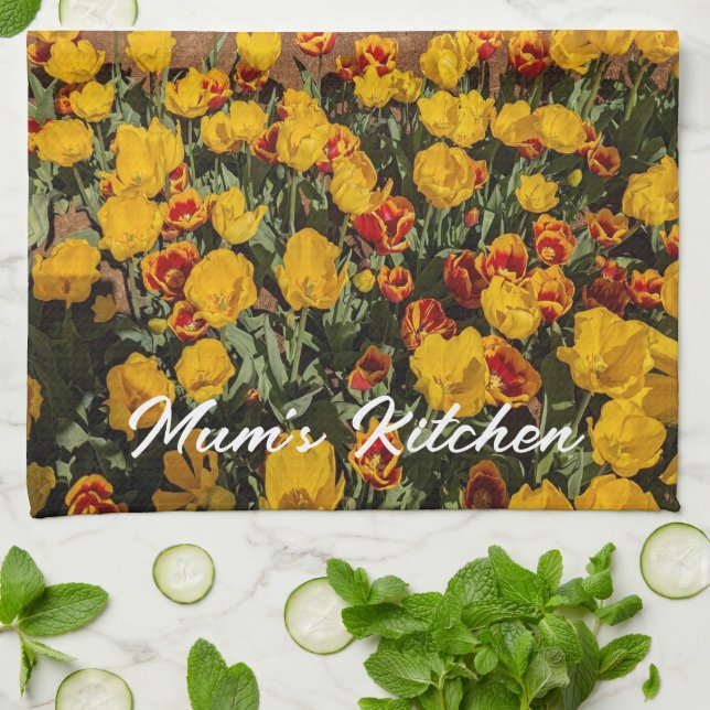 Tulipes rouges jaunes Serviette de thé pour maman  (Plié)