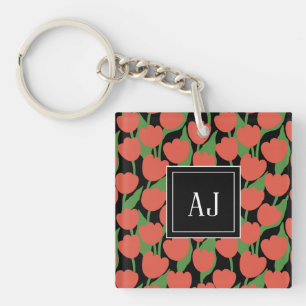 Tulipes rouges rétro, monogramme personnalisé