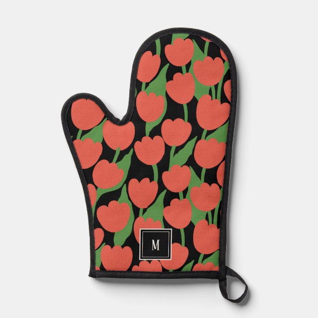 Tulipes rouges rétro, monogramme personnalisé (Recto)