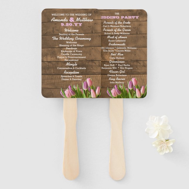 Tulips & Barnwood Hochzeitsprogramm Handfans Fächer (Vorne und Hinten)