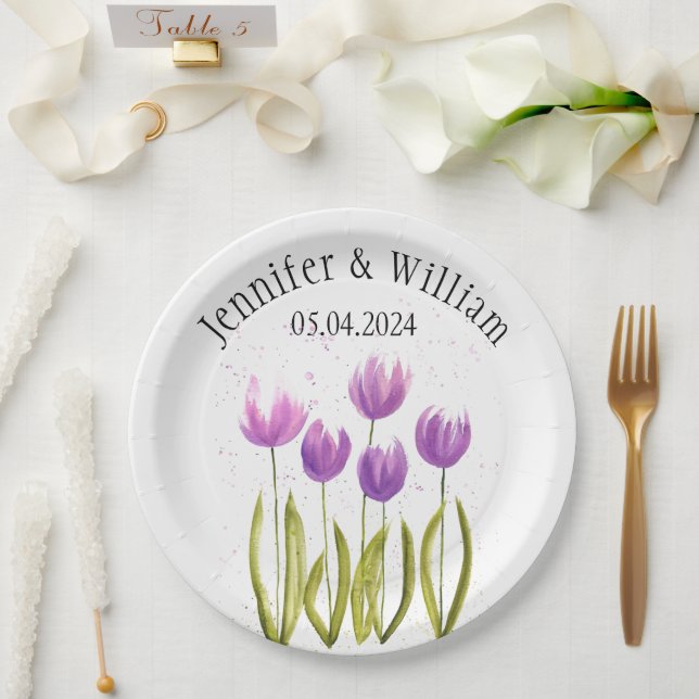 Tulips Blume Aquarell Frühjahr Rustikale Hochzeit Pappteller (Hochzeit)