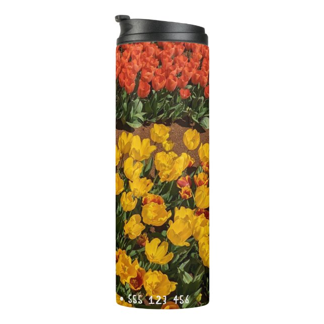 Tulips-Blume Zeilen mit benutzerdefiniertem Text Thermosbecher (Nach rechts gedreht)