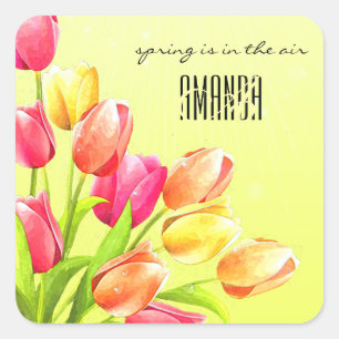 Tulips Bouquet Monogram Quadratischer Aufkleber