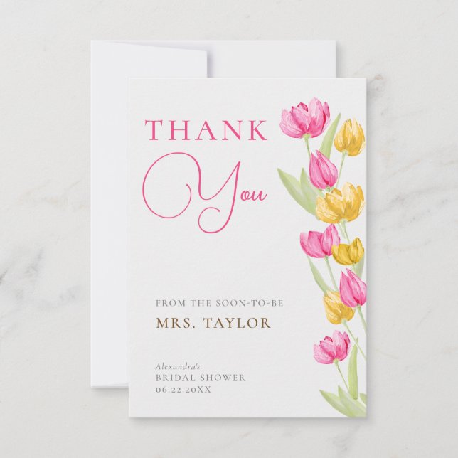 Tulips Calligraphy Pink Brautparty Vielen Dank Dankeskarte (Vorderseite)