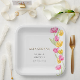 Tulips Calligraphy Pink Spring Boho Brautparty Pappteller