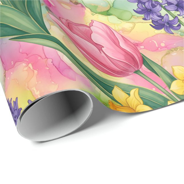 Tulips, Daffodils, Hyacinths in Alcohol Ink Style Geschenkpapier (Rolleneckpunkt)