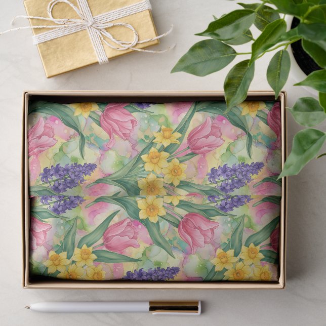 Tulips, Daffodils, Hyacinths in Alcohol Ink Style Seidenpapier (Geschenk)
