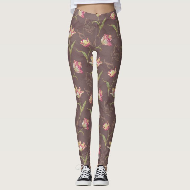 Tulips entfalten Creamy Pink Dunkle Version Leggings (Vorderseite)
