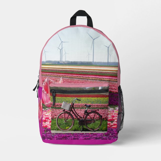Tulips Field & Bicycles Überall in gedrucktem Ruck Bedruckter Rucksack (Vorderseite)