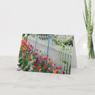 Tulips Garden Along White Picket Fence Foto Karte