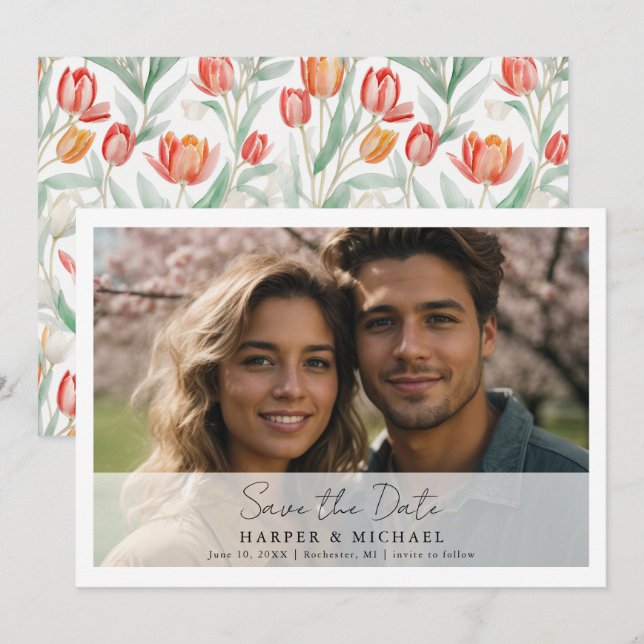 Tulips Hochzeit Foto Save the Date Einladung (Vorne/Hinten)