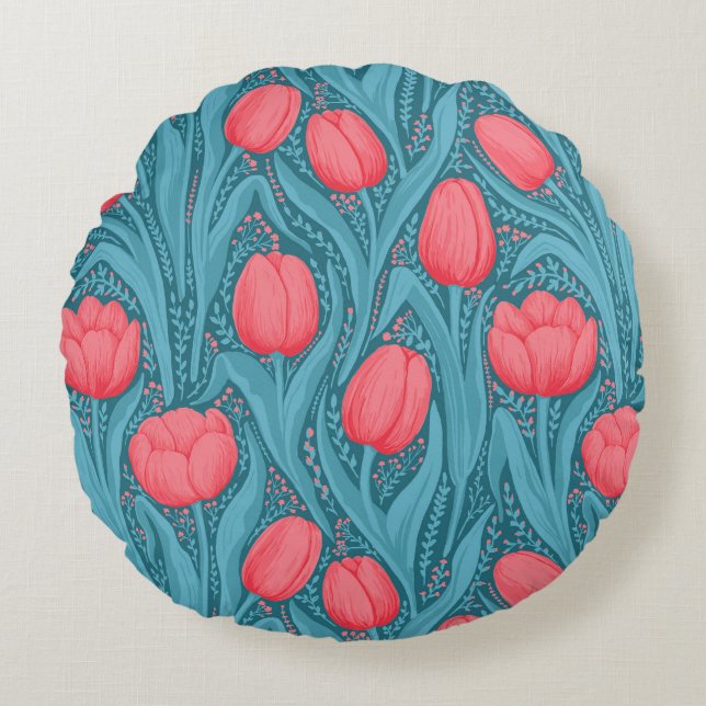 Tulips in blau und rot rundes kissen (Vorderseite)