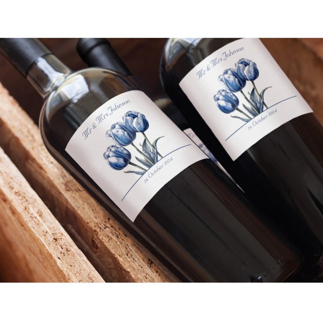Tulips in Delft Blue benutzerdefinierbar Weinetikett (Von Creator hochgeladen)