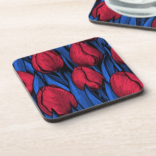 Tulips in Rot und Blau Getränkeuntersetzer (Linke Seite)