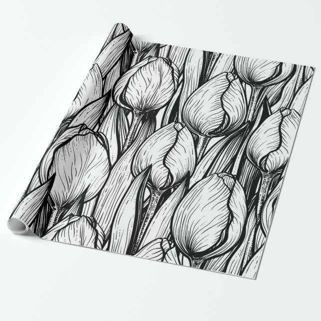 Tulips in Schwarzweiß Geschenkpapier (Ungerollt)