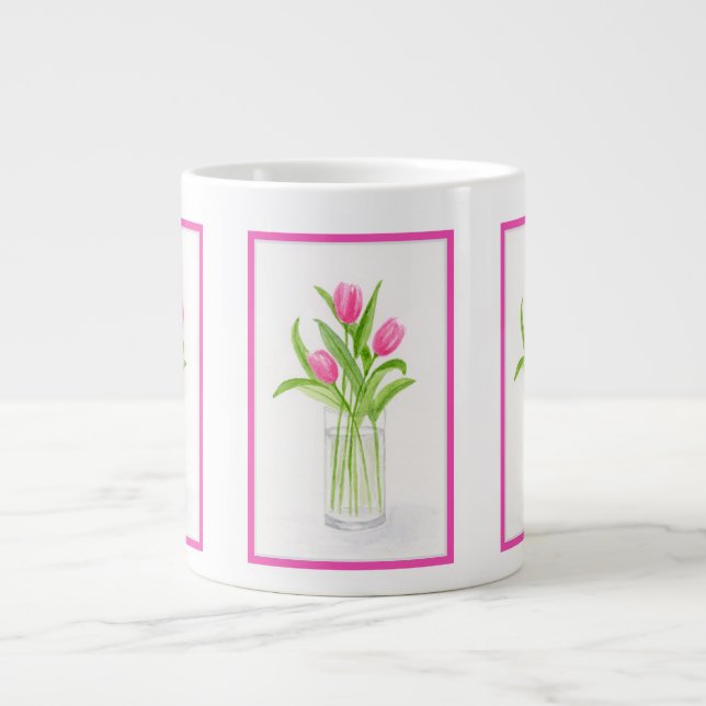 Tulips in Wasser handbemalt Aquarell Floral Jumbo-Tasse (Vorderseite)