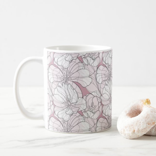 Tulips Line Zeichnend Kaffeetasse (Mit Donut)