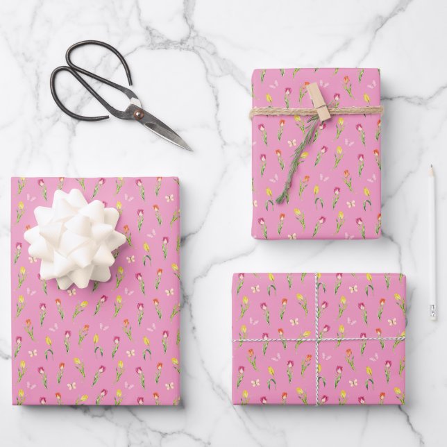 Tulips und Schmetterlinge rosa Muster Geschenkpapier Set (Vorderseite)