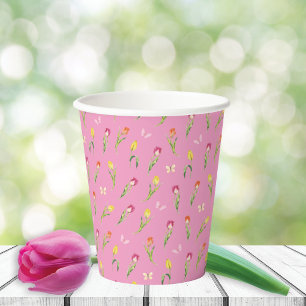 Tulips und Schmetterlinge rosa Muster Pappbecher