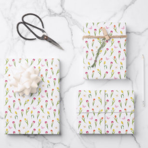 Tulips und Schmetterlinge Weißes Muster Geschenkpapier Set