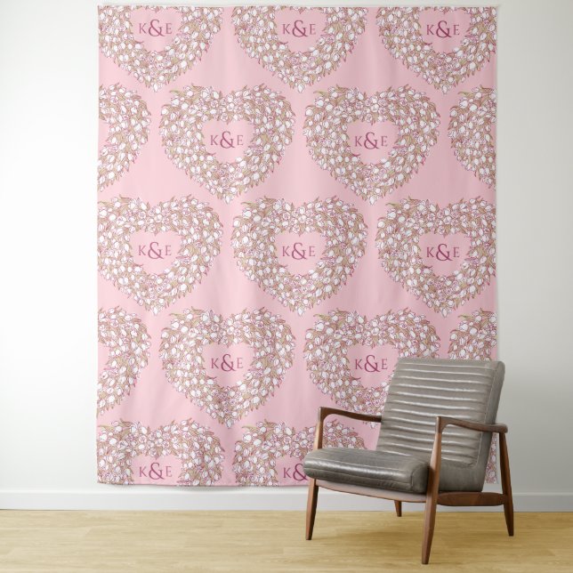 Tulips weißer rosa monogramm Hochzeitskugel Wandteppich (Beispiel)