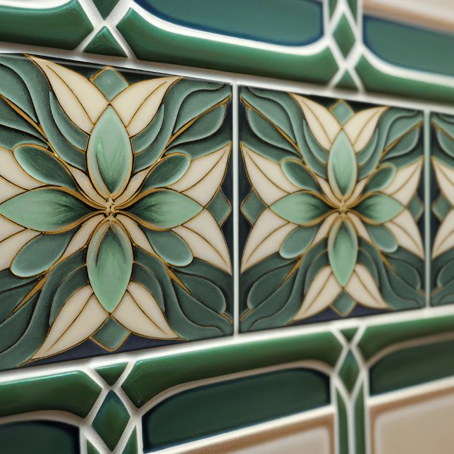 Tulips zu Sage Symmetric Art Nouveau Keramik Tile Fliese (Von Creator hochgeladen)