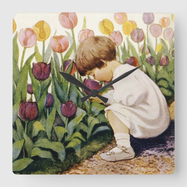 Tulpe-Garten Quadratische Wanduhr (Vorderseite)