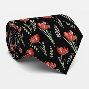 Tulpen Blumen Botanische Aquarell Schwarz   Krawatte