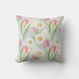 Tulpen-Daisy-Wasserfarben-Frühlingsmuster in Rosa Kissen