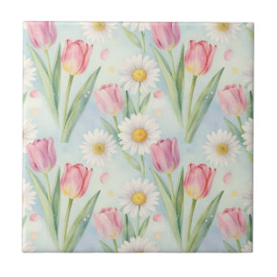 Tulpen-Gänseblümchen-Wasserfarben-Frühlingsmuster  Fliese