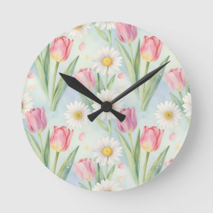 Tulpen-Gänseblümchen-Wasserfarben-Frühlingsmuster Runde Wanduhr