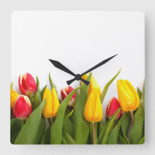 Tulpen-Garten-Wanduhr im Quadratdesign Quadratische Wanduhr