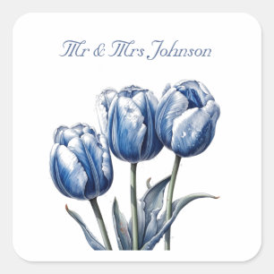 Tulpen in Delfter Blau, anpassbar Quadratischer Aufkleber