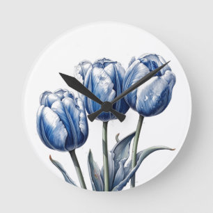 Tulpen in Delfter Blau  Runde Wanduhr