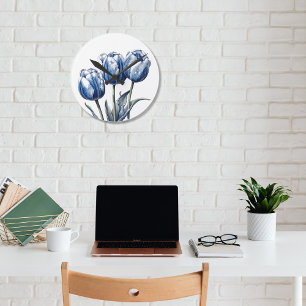 Tulpen in Delfter Blau Runde Wanduhr