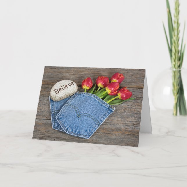 Tulpen in der blauen Baumwollstofftasche Karte (Vorderseite)