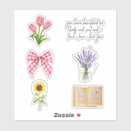 Tulpen, Lavendel, Sonnenblume & Vintage-Buch Aufkleber