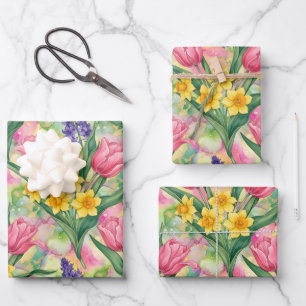Tulpen, Narzissen, Hyazinthen im Alcohol-Ink-Stil Geschenkpapier Set