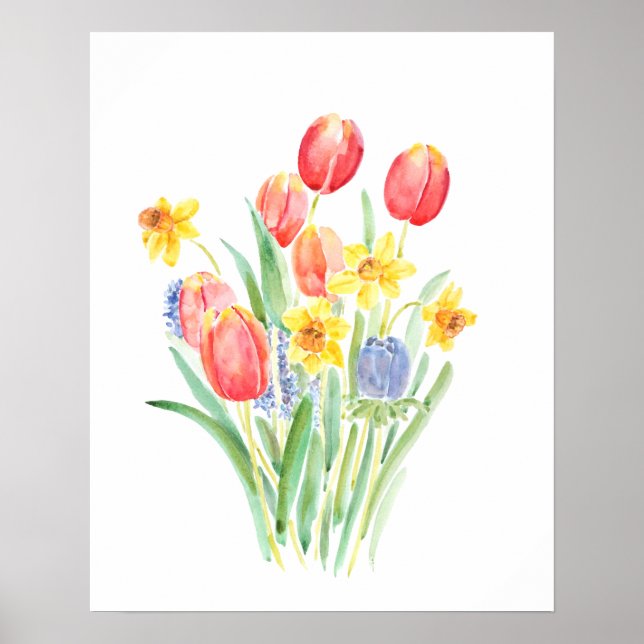 Tulpen und gelbe Narzissen Aquarell Poster (Vorne)