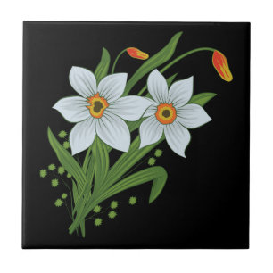 Tulpen und Narzissen Blumen schwarzer Hintergrund Fliese